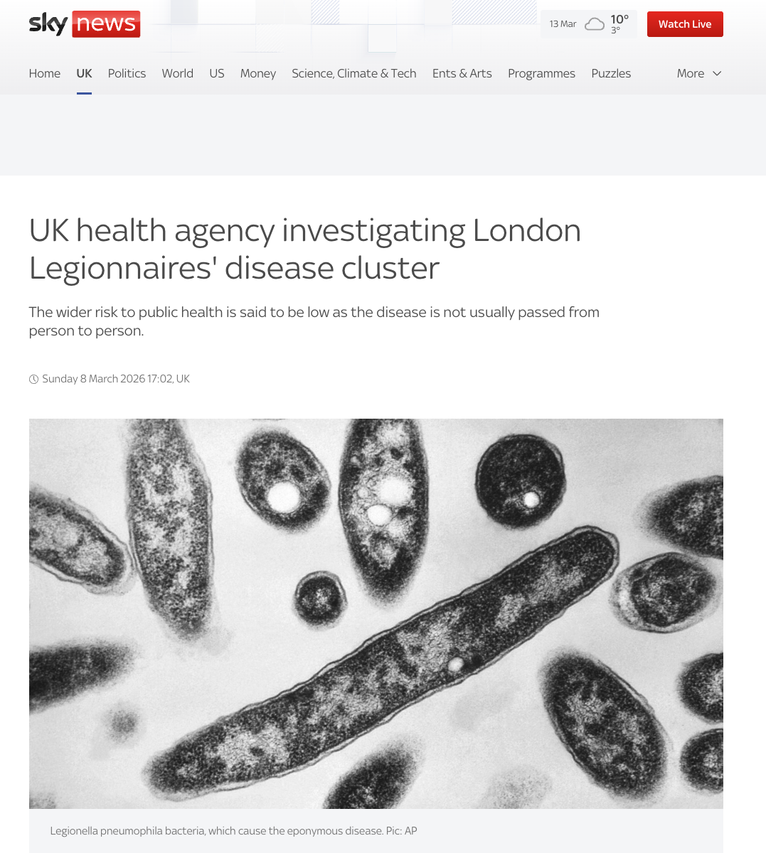 Sky News — London Legionnaires disease cluster